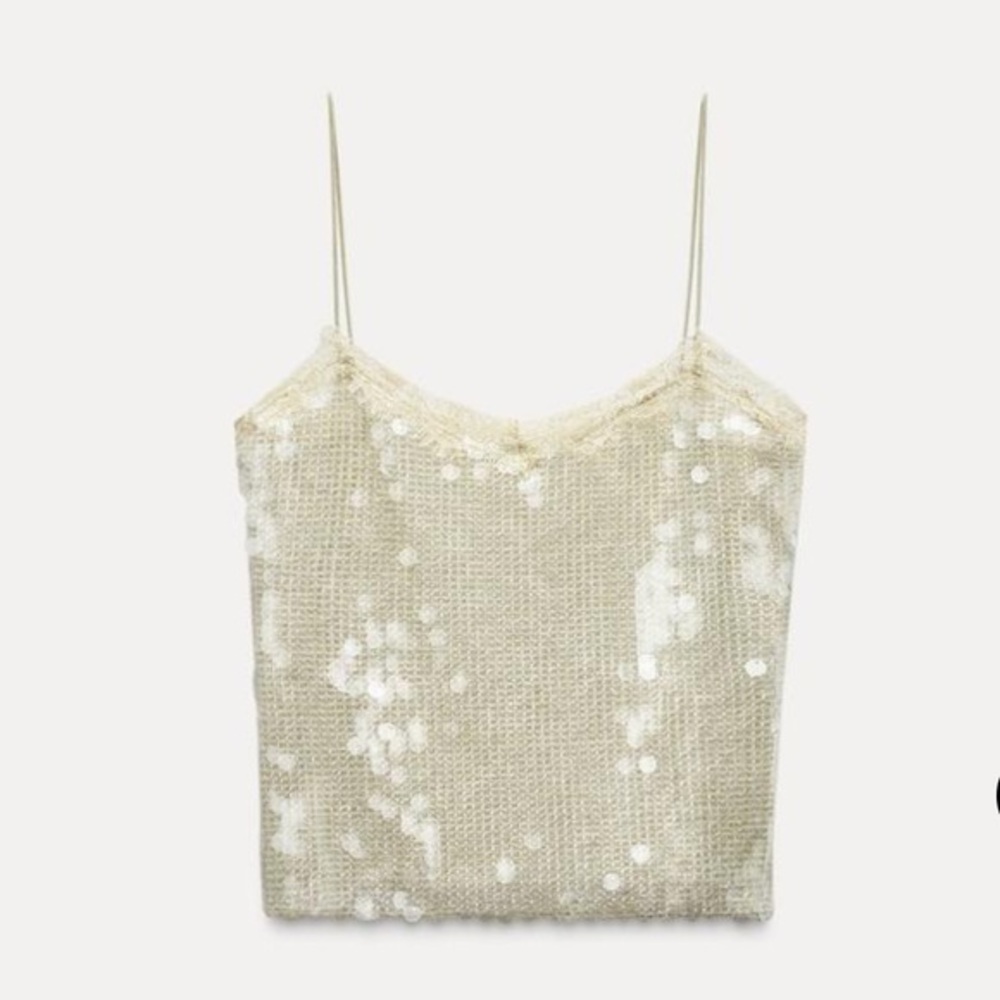 Zara Cream Sequin Spaghetti Strap Tank Top